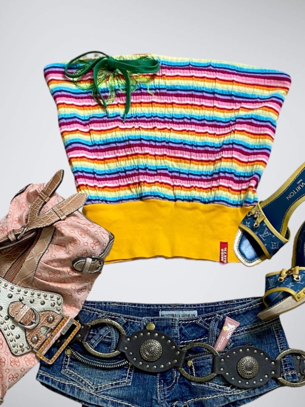 RARE VINTAGE Miss Sixty Rainbow Striped Tube Top Smocked Boob Tube Y2K